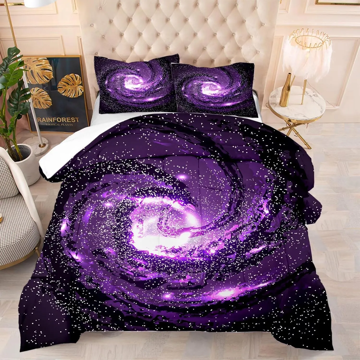 Galaxy Comforter Set Universe Outer Space Purple Starry Sky Night Pattern Bedding Set for Girls Boys Kids Queen Size Microfiber Purple Comforter Set Bed in a Bag