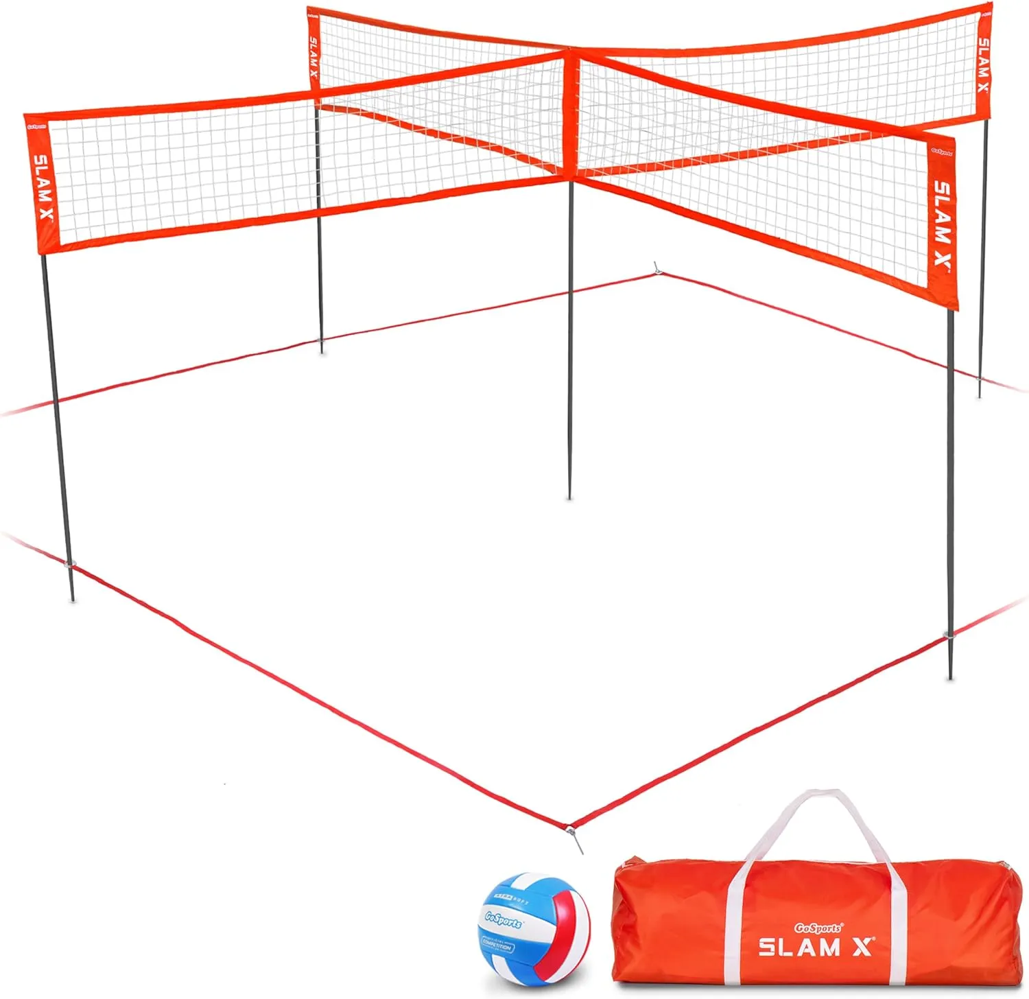 GoSports Slam X 4 Square Volleyball Game Set - 14 ft or 21 ft - Ultimate Backyard & Beach Game for All Skill Levels