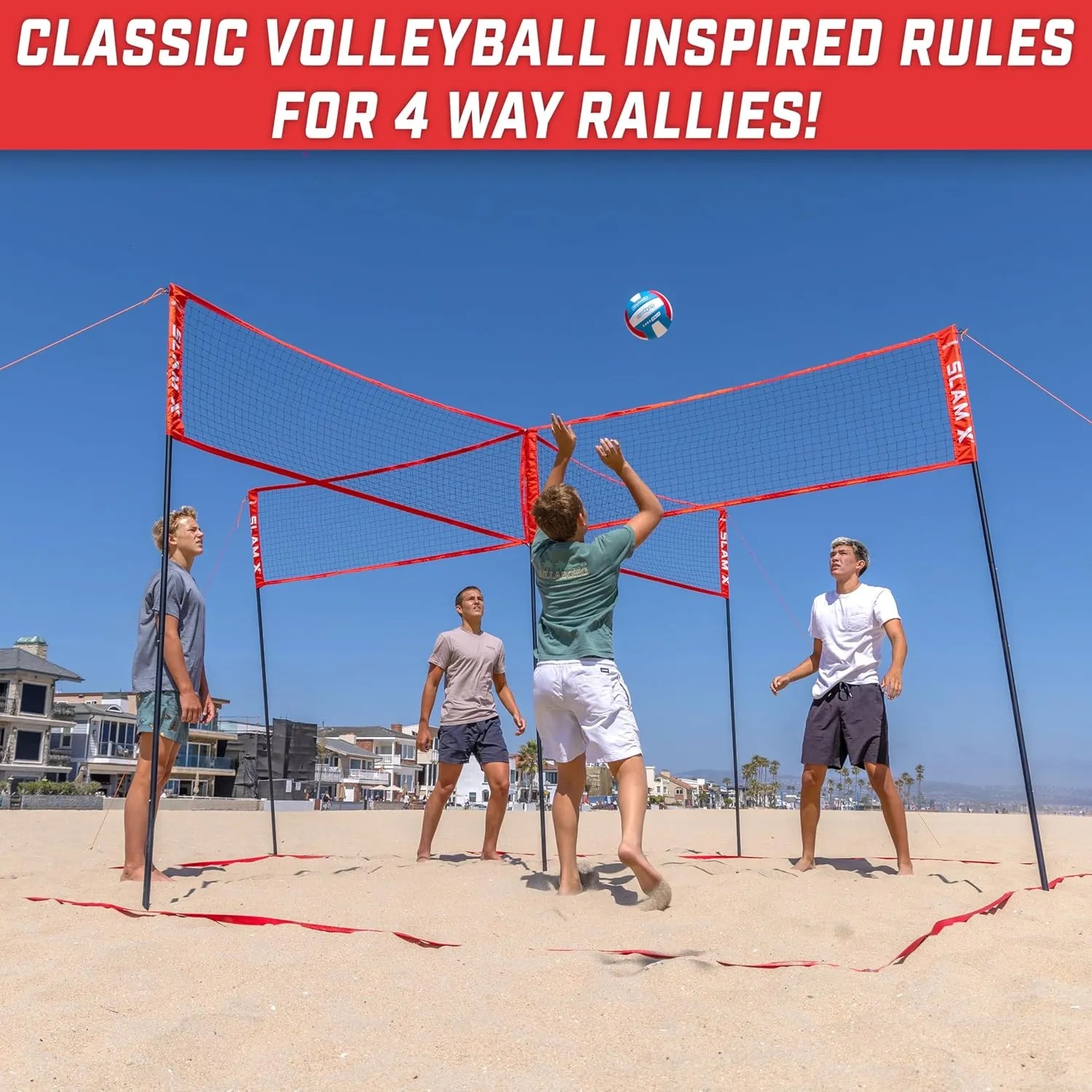 GoSports Slam X 4 Square Volleyball Game Set - 14 ft or 21 ft - Ultimate Backyard & Beach Game for All Skill Levels