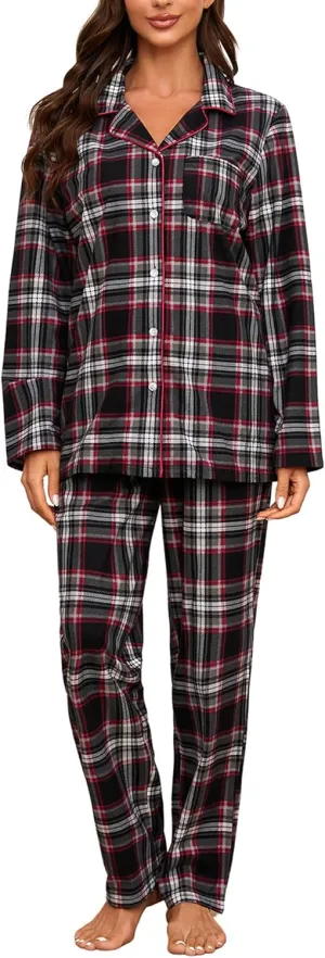 HEARTNICE Women Soft Pajama Set, Long Warm Flannel Pajamas Lightweight Cute Printed Pjs Set with Pockets