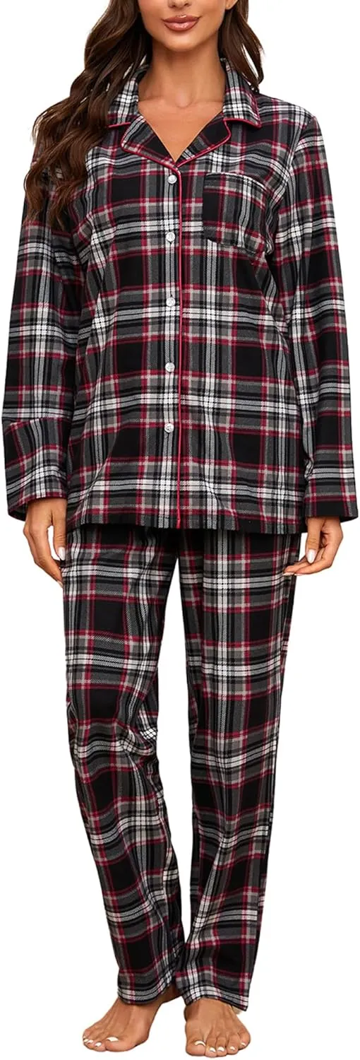 HEARTNICE Women Soft Pajama Set, Long Warm Flannel Pajamas Lightweight Cute Printed Pjs Set with Pockets