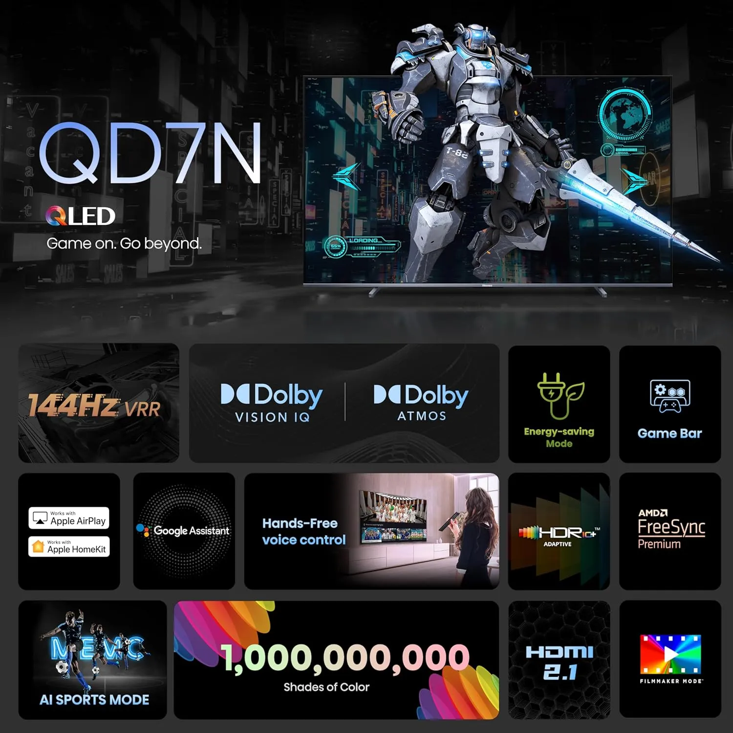 Hisense 100-Inch Class QD7 Series QLED 4K UHD Google Smart TV (100QD7N, 2024 Model) - QLED, Native 144Hz, Motion Rate 240, Direct Full Array, Game Mode Pro, Alexa Compatibility