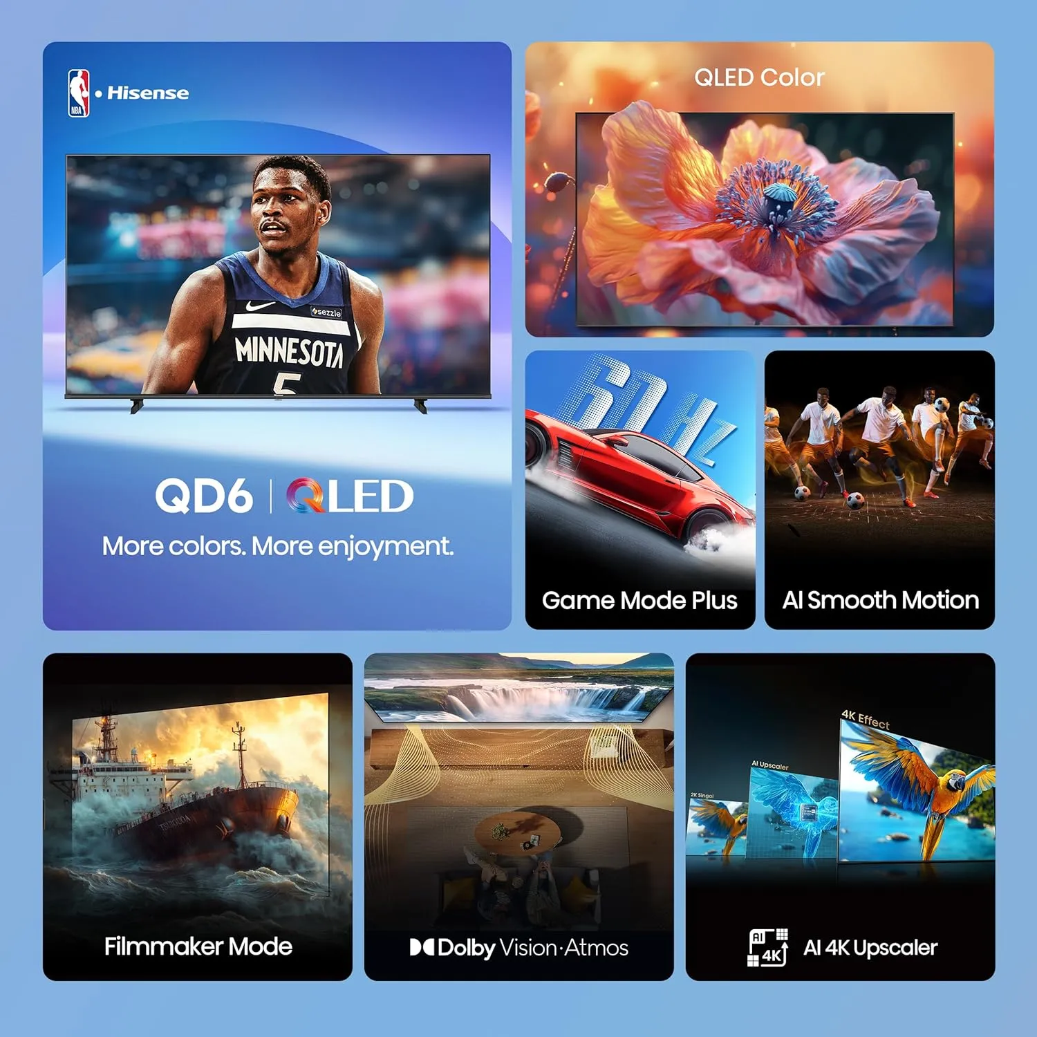Hisense 65" Class QD6 Series (65QD6QF, 2025 Model) QLED 4K UHD Smart Fire TV, Voice Remote with Alexa, Dolby Vision, Dolby Atmos, Motion Rate 120, HDR 10 , Game Mode Plus, MEMC, VRR, ALLM
