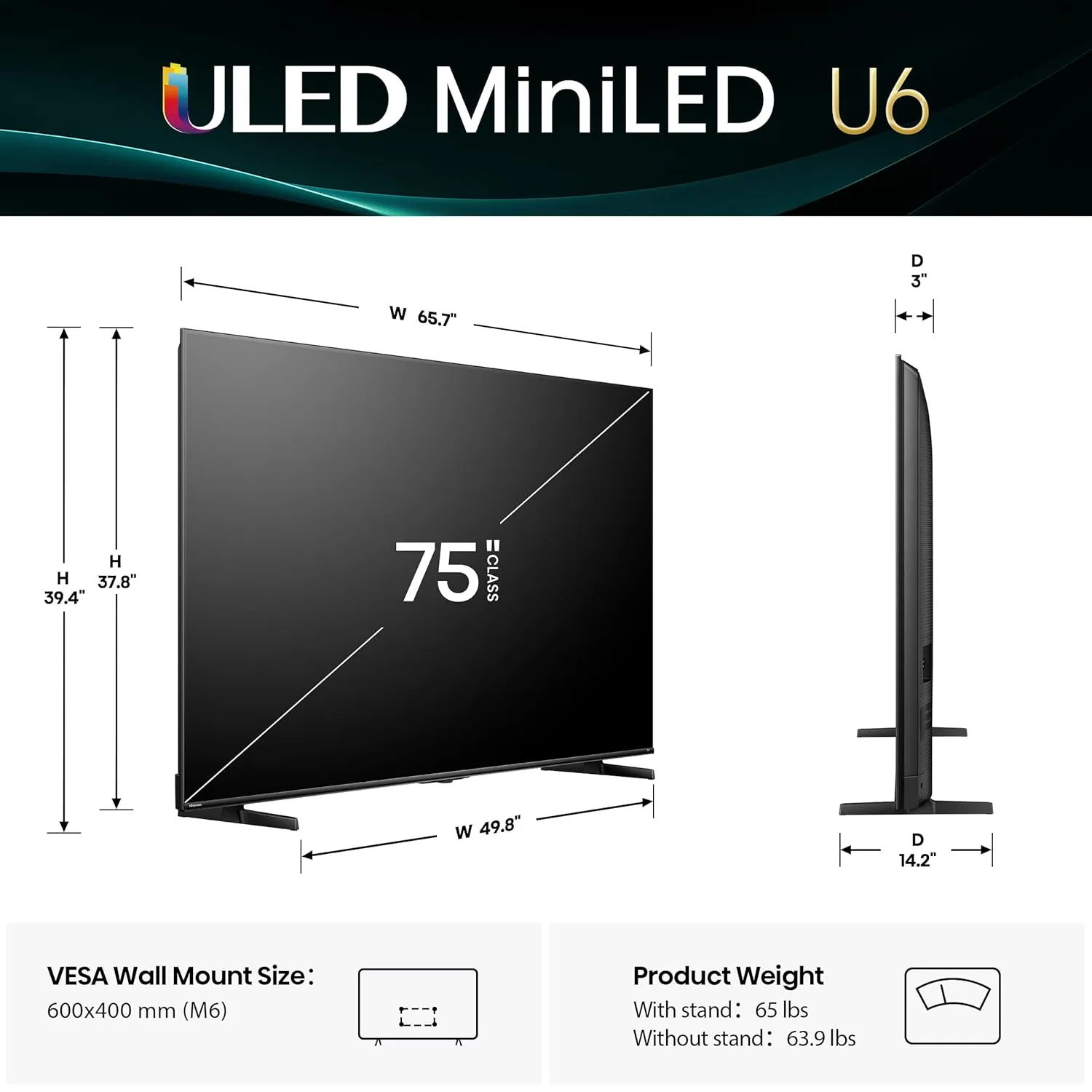 Hisense 75" Class U6 Series Mini-LED 4K UHD Smart Fire TV (75U65QF, 2025 Model) - QLED, Native 144Hz, HDR10 , Dolby Vision IQ, Dolby Atmos, Game Mode Pro, ALLM, Alexa Built in, Black
