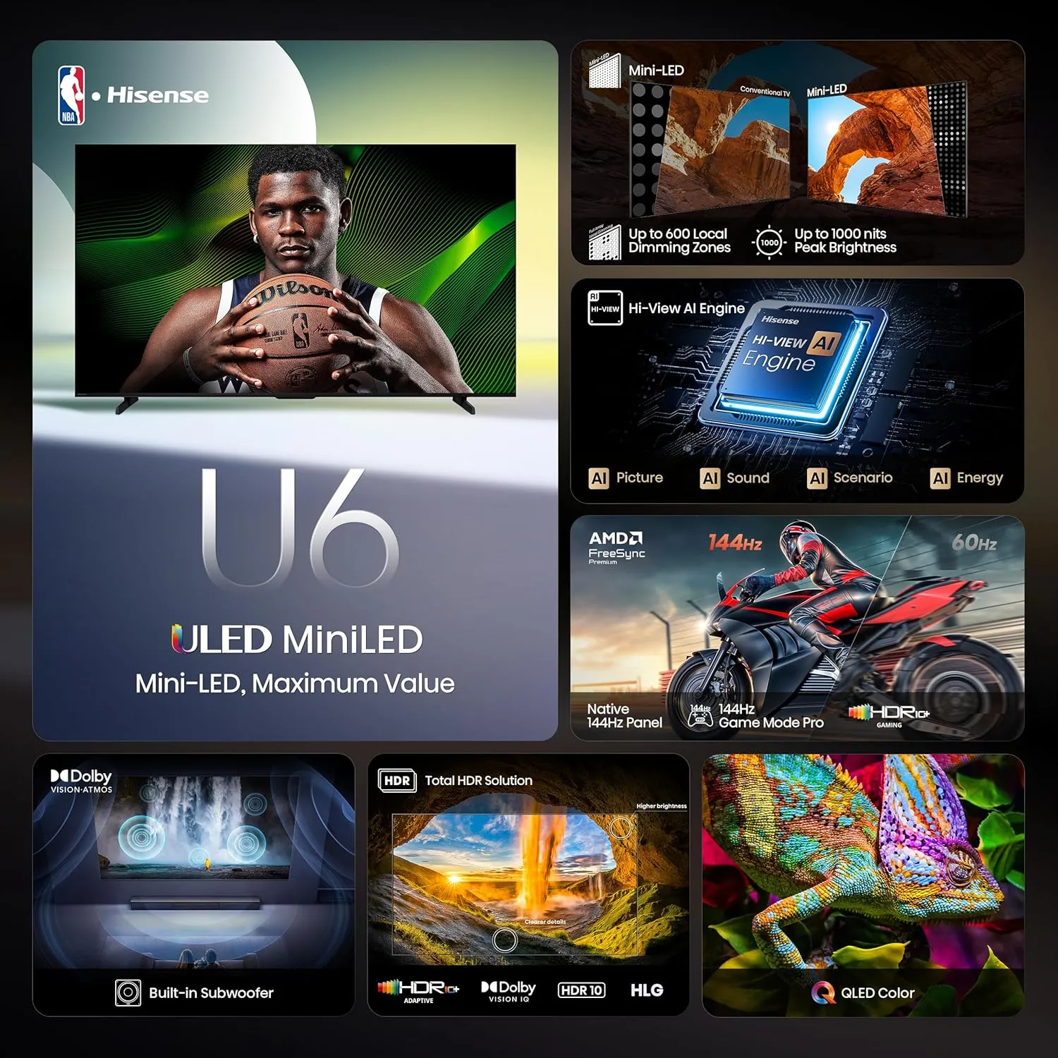 Hisense 75" Class U6 Series Mini-LED 4K UHD Smart Fire TV (75U65QF, 2025 Model) - QLED, Native 144Hz, HDR10 , Dolby Vision IQ, Dolby Atmos, Game Mode Pro, ALLM, Alexa Built in, Black
