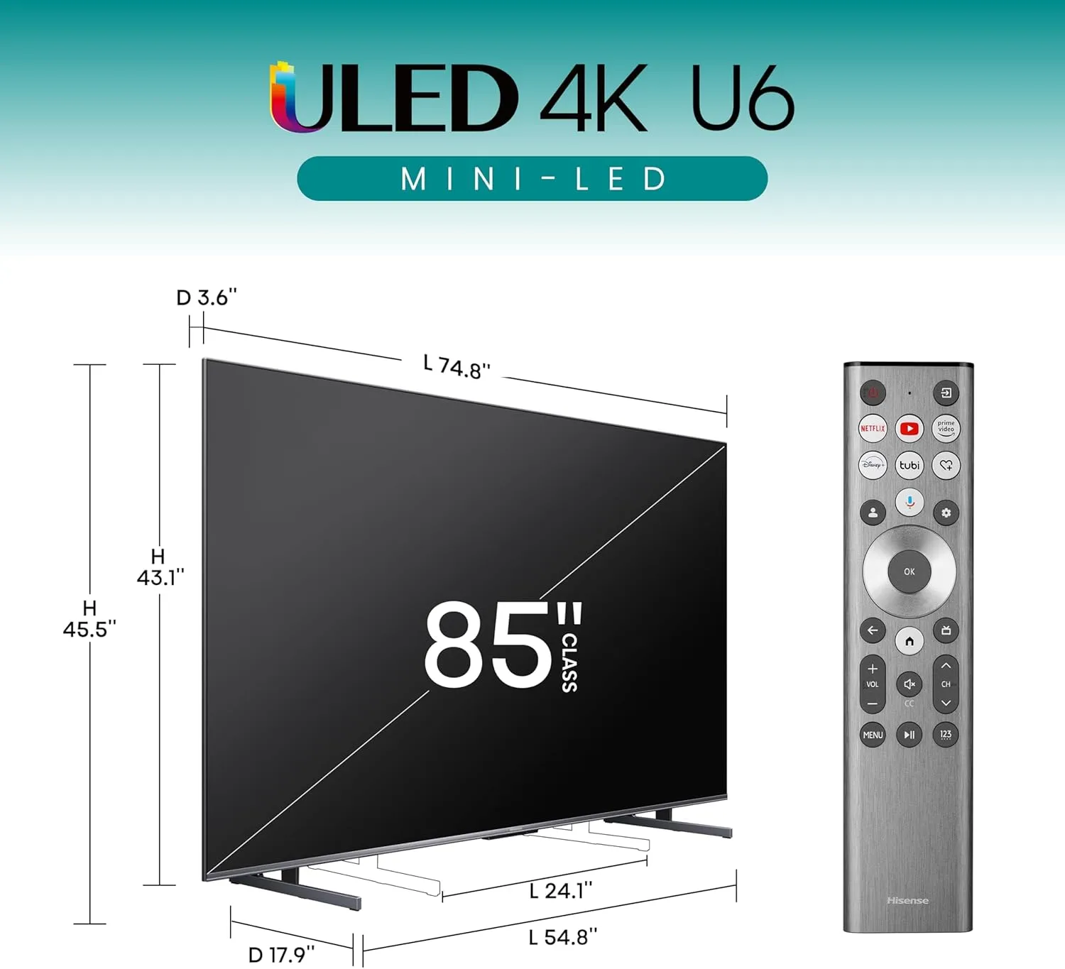 Hisense 85-Inch Class U6 Series Mini-LED ULED 4K UHD Google Smart TV (85U6N, 2024 Model) - QLED, Motion Rate 240, HDR 10 , Full Array Local Dimming, Game Mode Plus, Alexa Compatibility