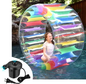Inflatable Pool Wheel Roller 65” - Electric Pump Included - Colorful Pool Float Toy - Water Toy for Beach, Lake, or Pool