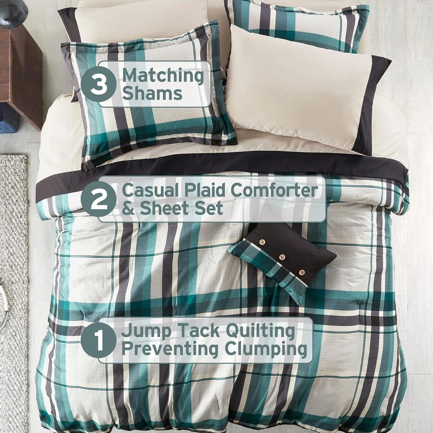 Intelligent Design Full Comforter Set with Sheets, Plaid Bed in A Bag Microfiber Comforter for a Full-Size Bed, Cabin Lodge Bedding Set Microfiber Sheet, Robbie, Full, Teal/Black 9 Piece