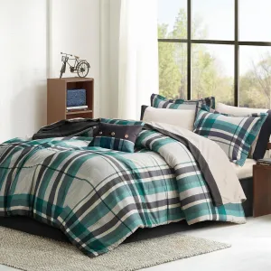 Intelligent Design Full Comforter Set with Sheets, Plaid Bed in A Bag Microfiber Comforter for a Full-Size Bed, Cabin Lodge Bedding Set Microfiber Sheet, Robbie, Full, Teal/Black 9 Piece