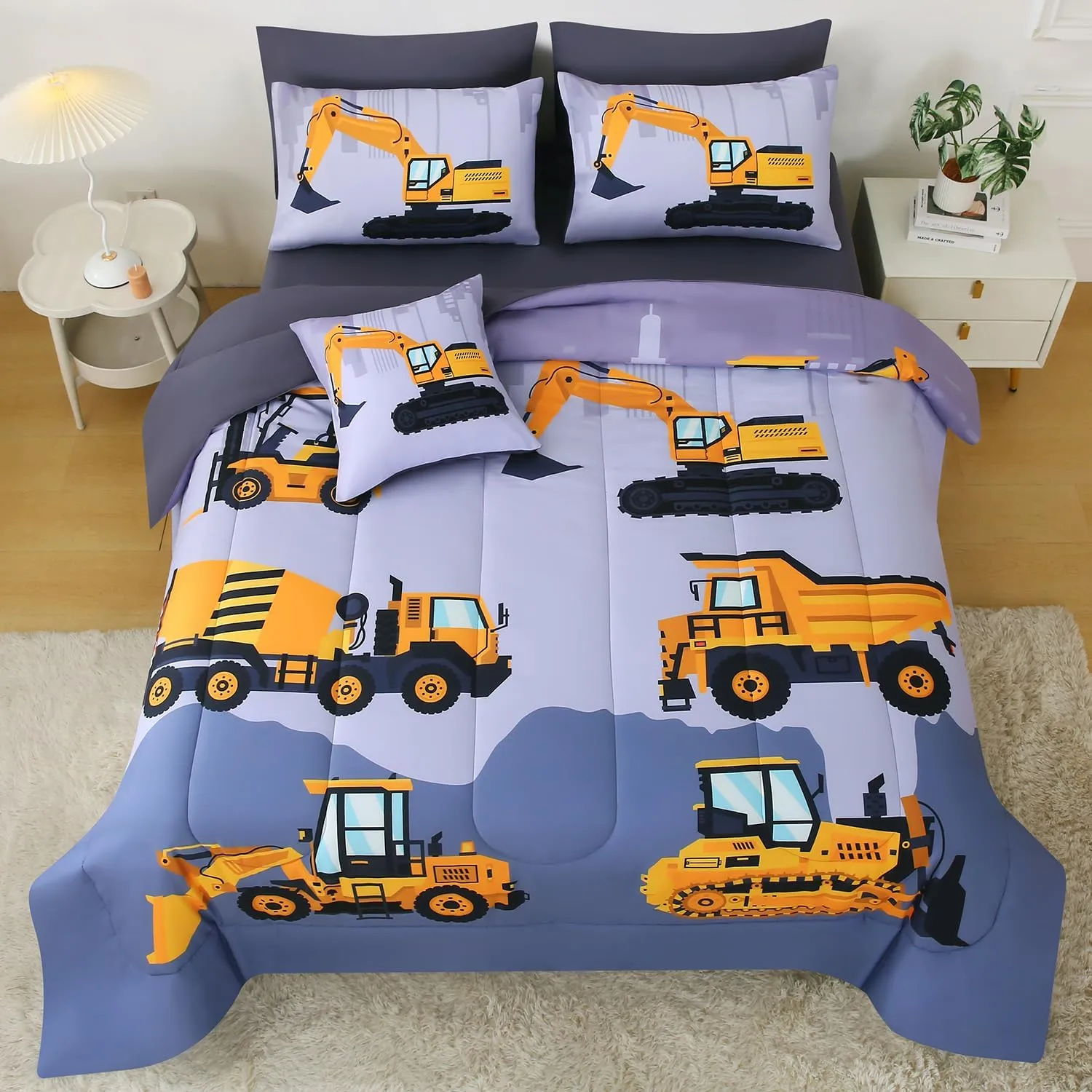 JQinHome Construction Full Bedding Sets for Boys Kids,8 Piece Bed in A Bag 3D Cartoon Car Excavator Tractor Comforter Set with Sheet Set,Trucks Cars