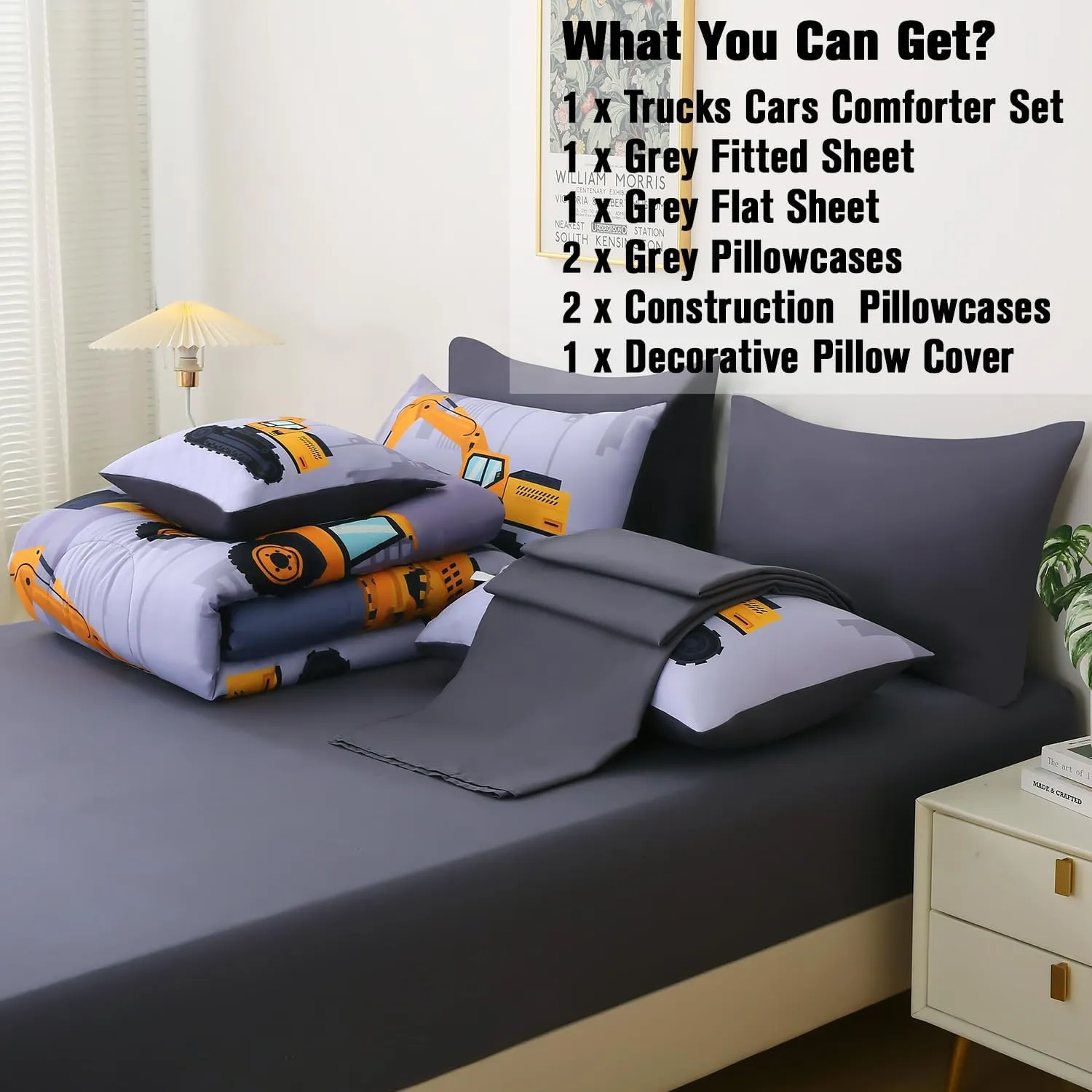 JQinHome Construction Full Bedding Sets for Boys Kids,8 Piece Bed in A Bag 3D Cartoon Car Excavator Tractor Comforter Set with Sheet Set,Trucks Cars