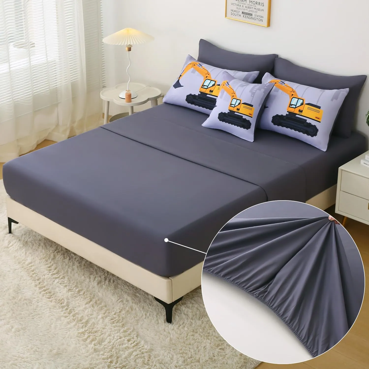 JQinHome Construction Full Bedding Sets for Boys Kids,8 Piece Bed in A Bag 3D Cartoon Car Excavator Tractor Comforter Set with Sheet Set,Trucks Cars