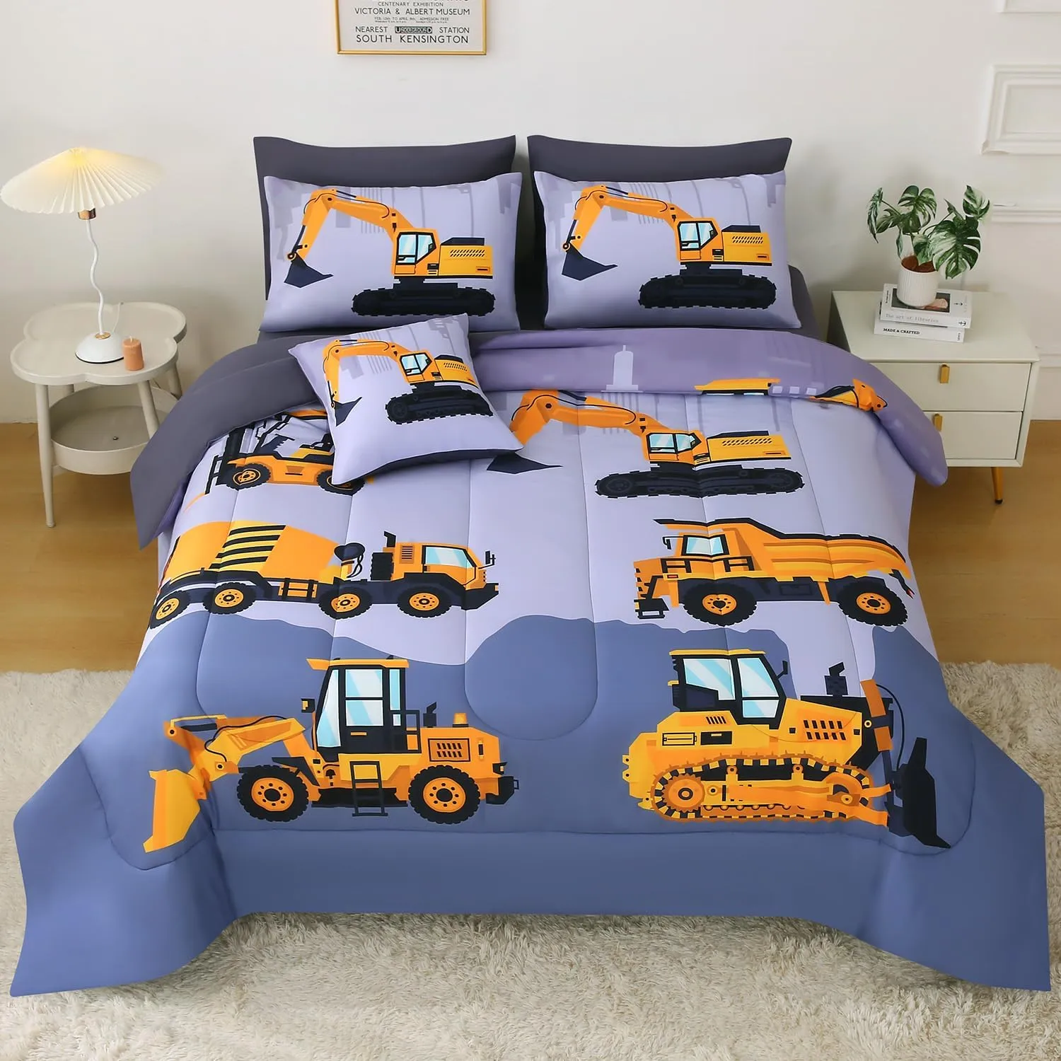 JQinHome Construction Full Bedding Sets for Boys Kids,8 Piece Bed in A Bag 3D Cartoon Car Excavator Tractor Comforter Set with Sheet Set,Trucks Cars