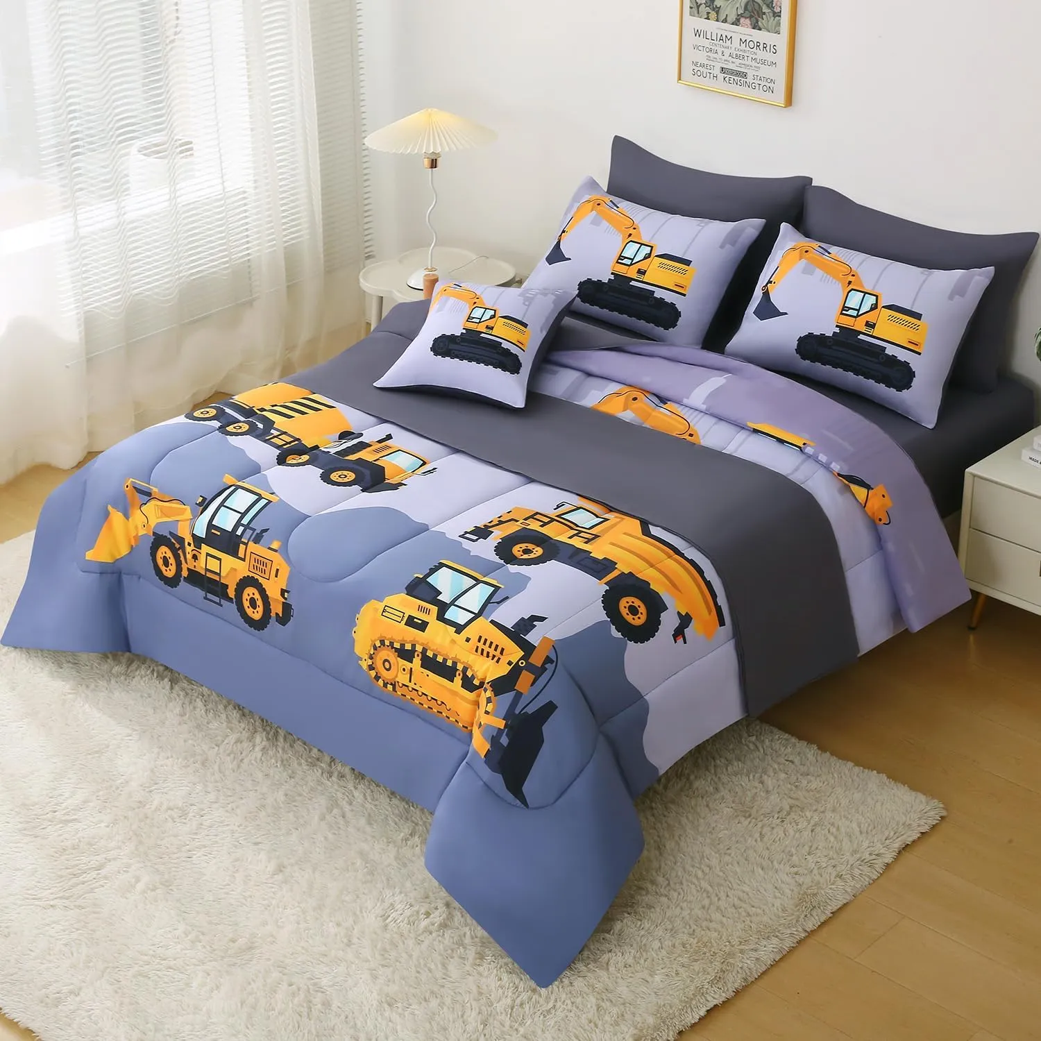 JQinHome Construction Full Bedding Sets for Boys Kids,8 Piece Bed in A Bag 3D Cartoon Car Excavator Tractor Comforter Set with Sheet Set,Trucks Cars