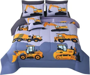JQinHome Construction Full Bedding Sets for Boys Kids,8 Piece Bed in A Bag 3D Cartoon Car Excavator Tractor Comforter Set with Sheet Set,Trucks Cars