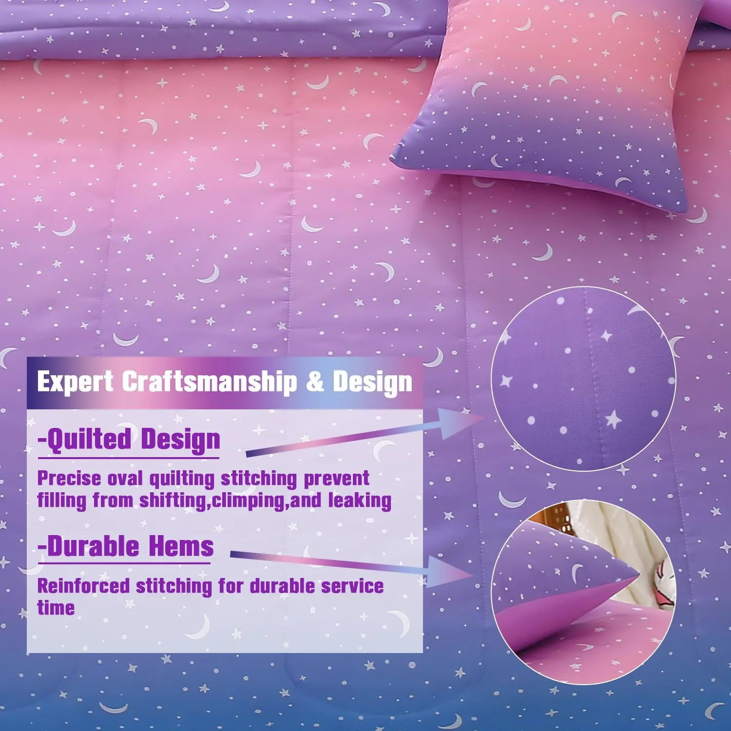 JQinHome Twin Girls Comforter Set,6 Piece Bed in A Bag 3D Purple Orange Glitter Bedding Set -All Season Microfiber Rainbow Bedding Sets for Girls Women