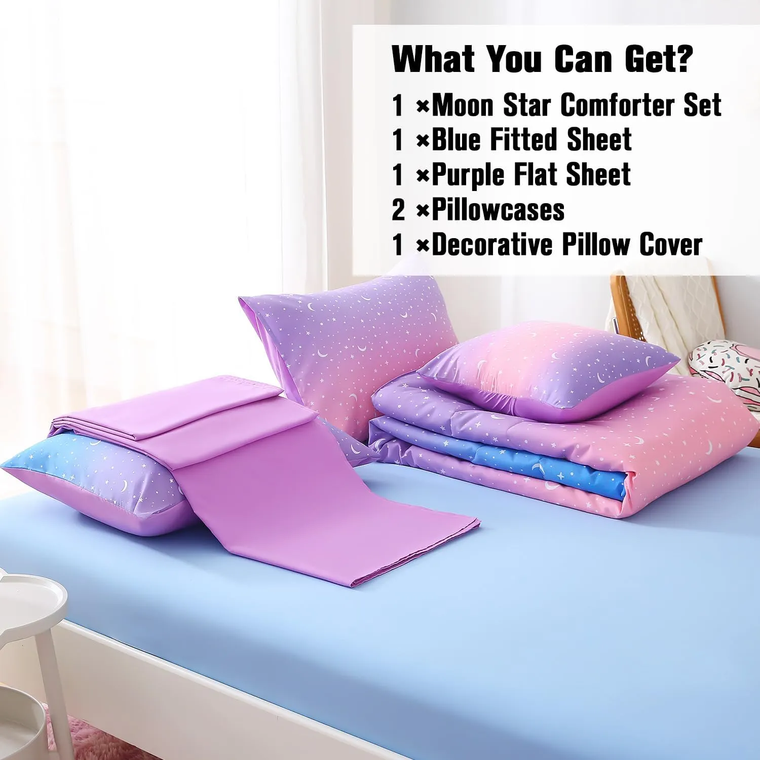 JQinHome Twin Girls Comforter Set,6 Piece Bed in A Bag 3D Purple Orange Glitter Bedding Set -All Season Microfiber Rainbow Bedding Sets for Girls Women