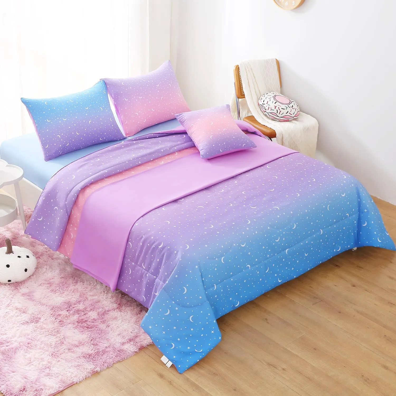 JQinHome Twin Girls Comforter Set,6 Piece Bed in A Bag 3D Purple Orange Glitter Bedding Set -All Season Microfiber Rainbow Bedding Sets for Girls Women