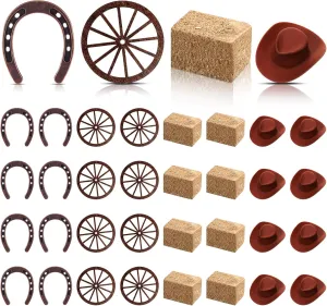Junkin 32 Pieces Western Party Decorations 8 Mini Horseshoes 8 Simulated Haystack 8 Brown Miniature Cowboy Hats 8 Wooden Wheels for Cowboy Cowgirls Vintage Western Horseshoe Derby Party Supplies