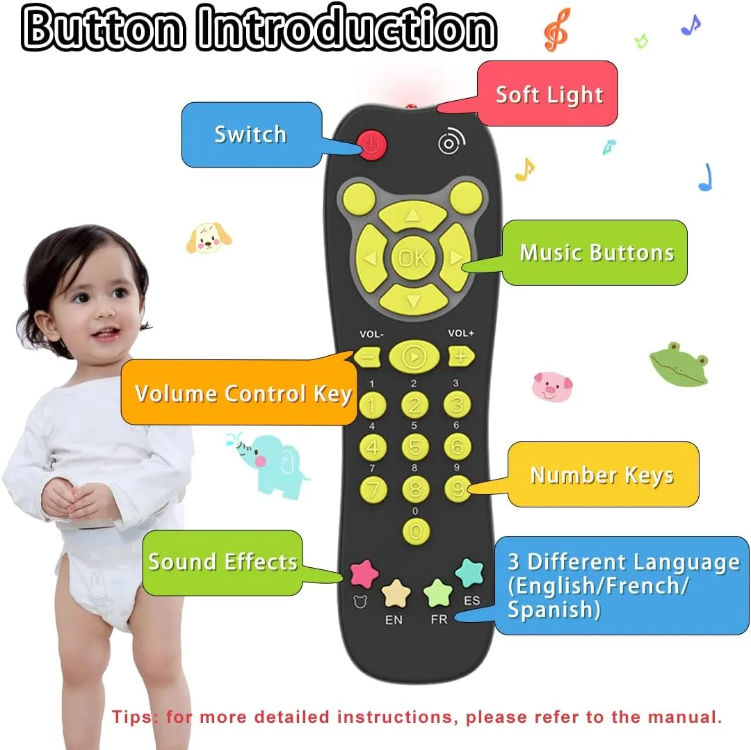 KALUYA Baby TV Remote Toy, Toddlers Remote Control Toy Kids Realistic Play Remote Early Educational Baby Musical Toys with Light and Sound English French Spanish for Infant Boys Girls 6 Month , Black