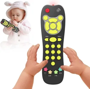 KALUYA Baby TV Remote Toy, Toddlers Remote Control Toy Kids Realistic Play Remote Early Educational Baby Musical Toys with Light and Sound English French Spanish for Infant Boys Girls 6 Month , Black