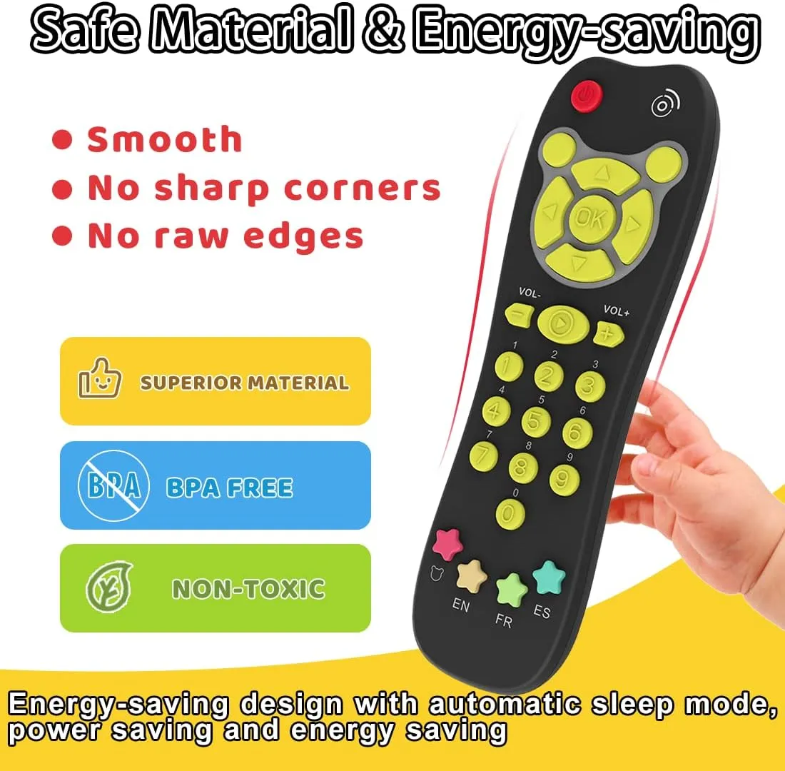 KALUYA Baby TV Remote Toy, Toddlers Remote Control Toy Kids Realistic Play Remote Early Educational Baby Musical Toys with Light and Sound English French Spanish for Infant Boys Girls 6 Month , Black