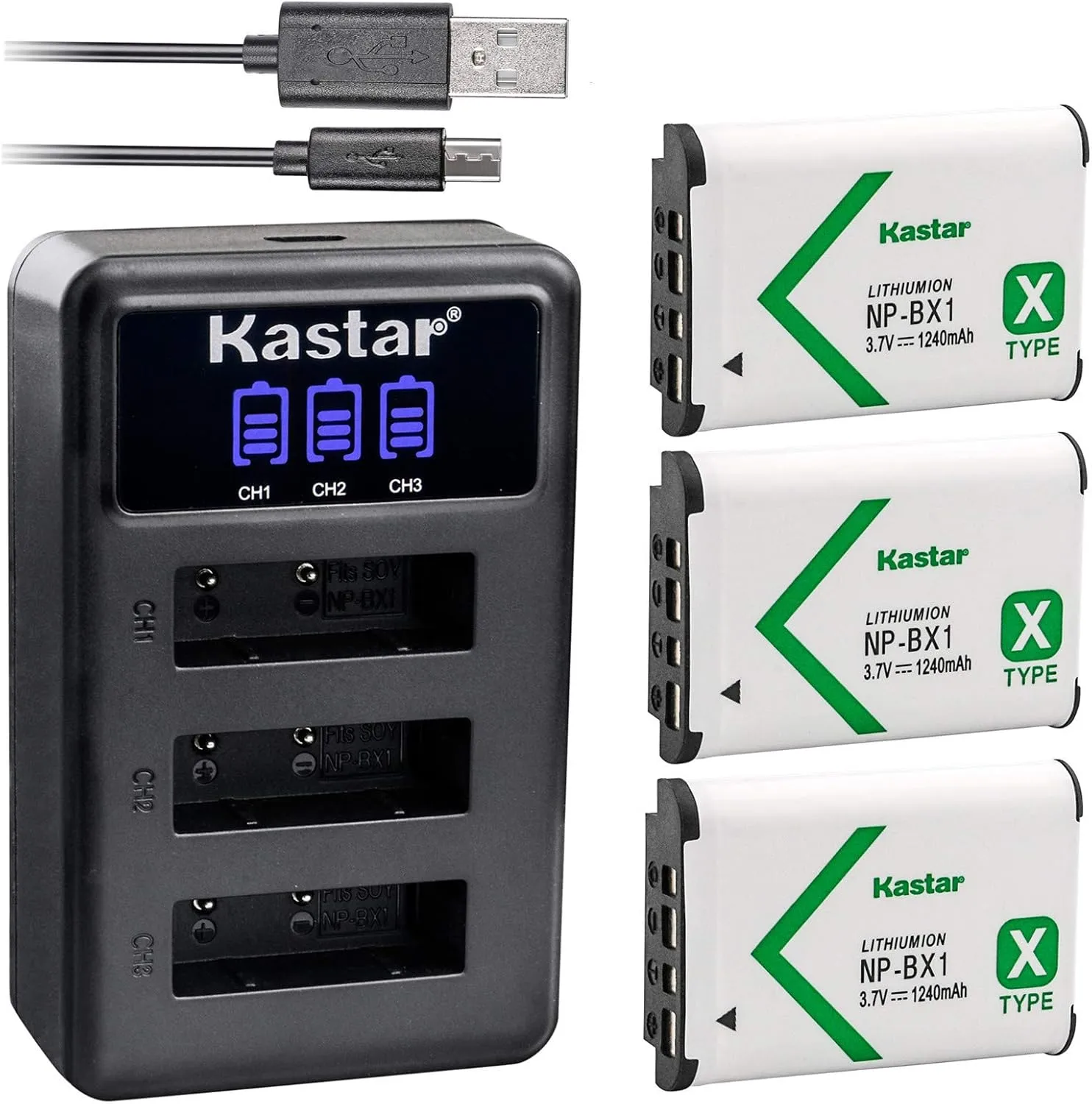Kastar Battery x3   Charger for Sony NP-BX1 HDR-AS200V HDR-AS30 HDR-AS300 HDR-AS50 HDR-CX240 HDR-CX405 HDR-CX440 HDR-GW66 HDR-GWP88 HDR-MV1 HDR-PJ240 HDR-PJ270 HDR-PJ405 HDR-PJ410 HDR-PJ440 DSC-HX99