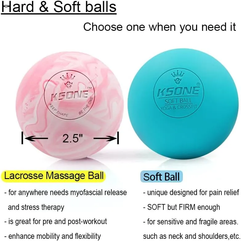 KSONE Lacrosse Massage Balls, Muscle Massage Roller Deep Tissue Balls Hard and Soft Massage Ball Set with Mini Ball and Mesh Bag. (Pink)