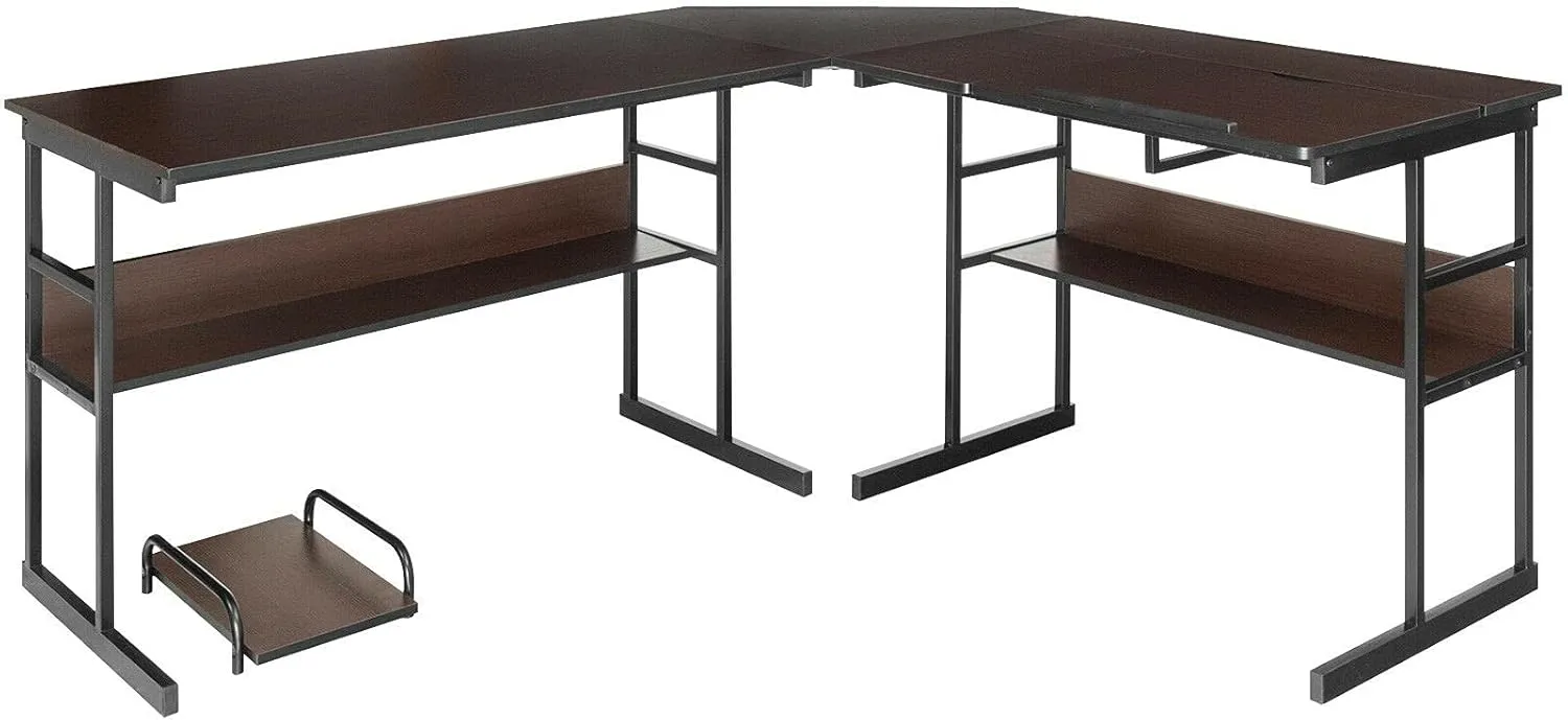 L-Shape Corner Design Computer Desk Drafting Table Workstation 2 Open Bookshelves Laptop Notebook Study Writing Reading Drawing Table Tiltable Drawing Board Detachable Design Can Split Into 2 Tables