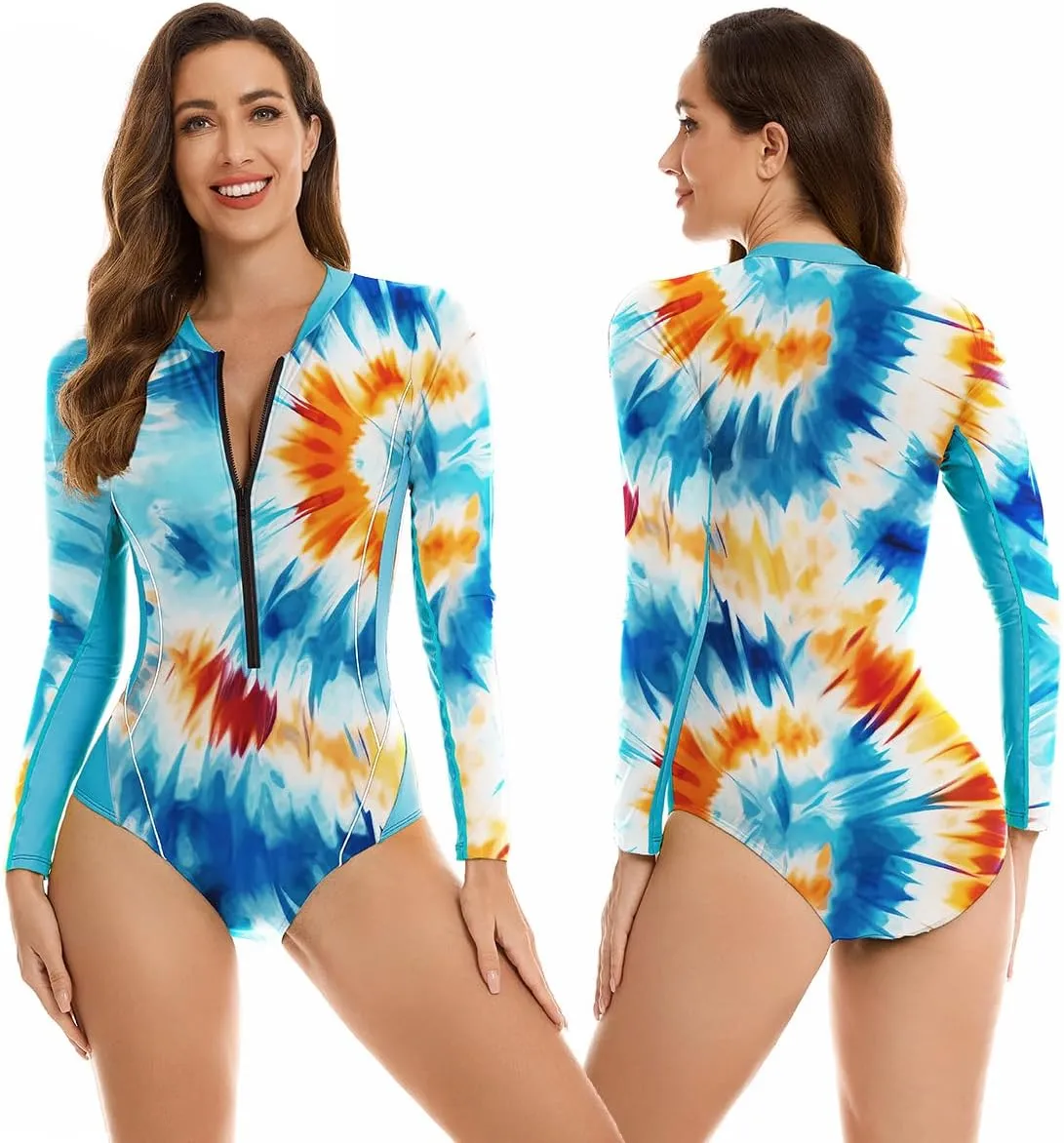 LafyKoly Women's One Piece Rash Guard Swimwear Long Sleeve Zipper UV Protection Swimsuit Surfing Bathing Suits
