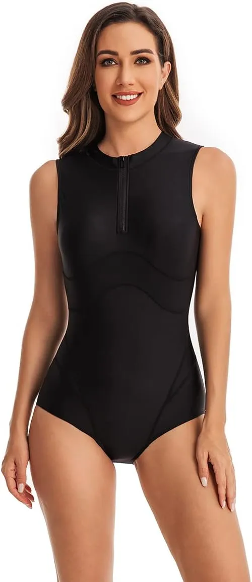 LafyKoly Women's One Piece Sleeveless Swimsuit Athletic Printed Zipper Surfing Monokini Swimwear Bathing Suit