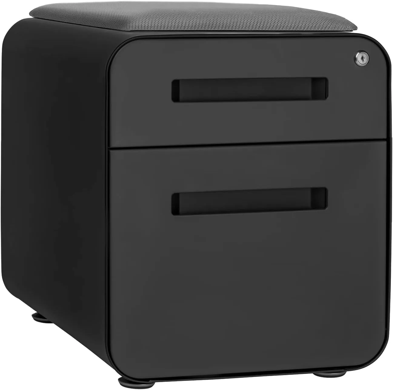 Laura Davidson Furniture STOCKPILE Mini Seated 2 Drawer Mobile File Cabinet with Removable Magnetic Cushion Seat - Short Version, Metal Filing Cabinet, Pre-Assembled, Black with Grey Cushion