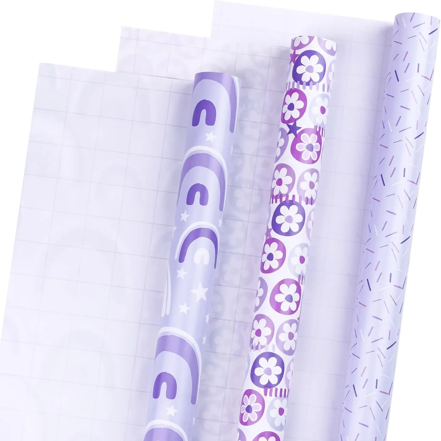 LeZakaa Purple Gift Wrapping Paper, Flower Ball/Colorful Strip/Arch Print for Wedding, Mother's Day, Birthday, Mini Roll, 17 x 120 inches, 3 Rolls (42.5 sq.ft.ttl.)