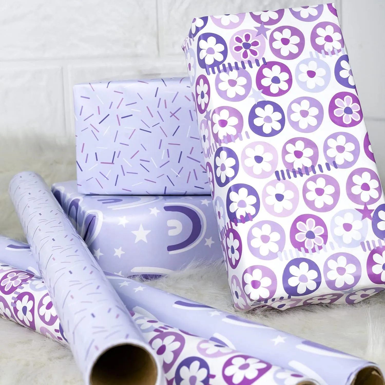 LeZakaa Purple Gift Wrapping Paper, Flower Ball/Colorful Strip/Arch Print for Wedding, Mother's Day, Birthday, Mini Roll, 17 x 120 inches, 3 Rolls (42.5 sq.ft.ttl.)