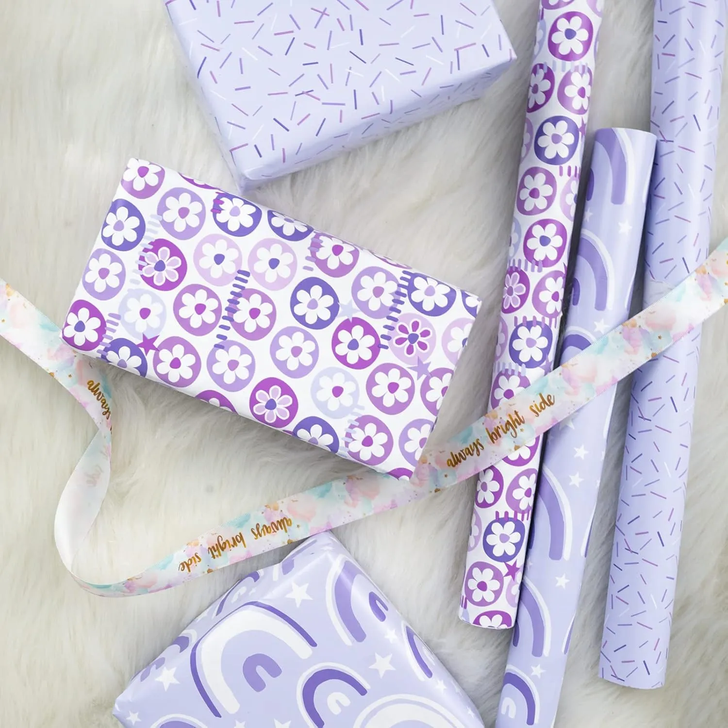 LeZakaa Purple Gift Wrapping Paper, Flower Ball/Colorful Strip/Arch Print for Wedding, Mother's Day, Birthday, Mini Roll, 17 x 120 inches, 3 Rolls (42.5 sq.ft.ttl.)