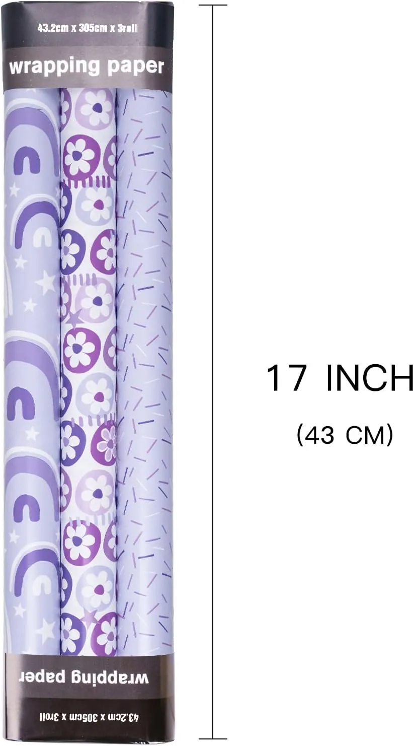 LeZakaa Purple Gift Wrapping Paper, Flower Ball/Colorful Strip/Arch Print for Wedding, Mother's Day, Birthday, Mini Roll, 17 x 120 inches, 3 Rolls (42.5 sq.ft.ttl.)