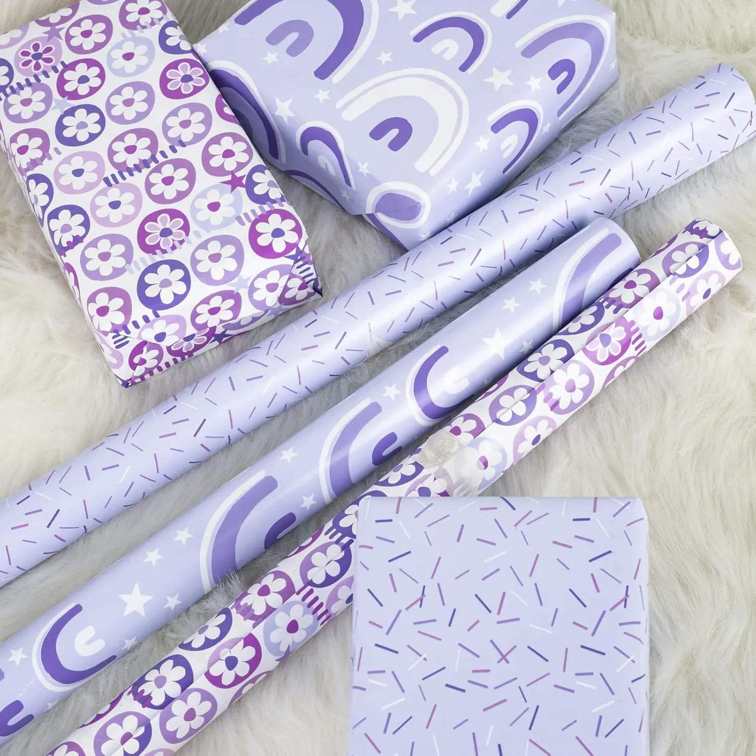 LeZakaa Purple Gift Wrapping Paper, Flower Ball/Colorful Strip/Arch Print for Wedding, Mother's Day, Birthday, Mini Roll, 17 x 120 inches, 3 Rolls (42.5 sq.ft.ttl.)