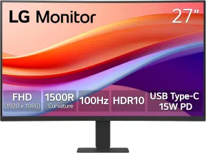 LG 27U421A-B 27-inch Full HD (1920 x 1080) Curved Computer Monitor, 100Hz, 5ms, HDR10, 3-Side Borderless, Switch, HDMI, USB Type-C 15W PD, Tilt Slim Stand, Black