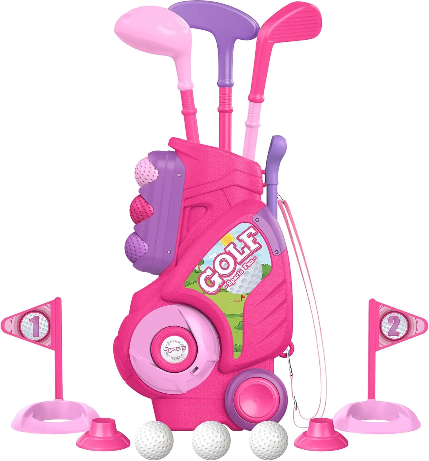 Liberry Toddler Golf Set for 1 2 3 4 5 Years Old, Upgraded Kids Golf Cart with Unique Shoulder Strap Design, Indoor and Outdoor Golf Toys for Boys Girls (Pink)