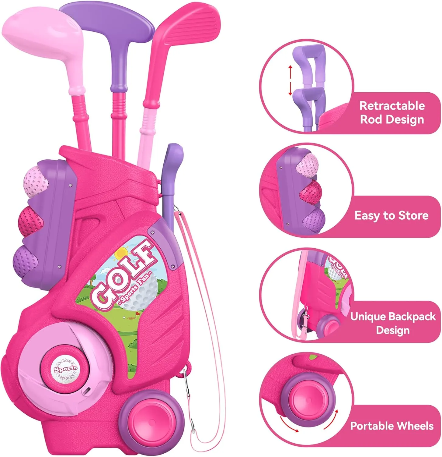 Liberry Toddler Golf Set for 1 2 3 4 5 Years Old, Upgraded Kids Golf Cart with Unique Shoulder Strap Design, Indoor and Outdoor Golf Toys for Boys Girls (Pink)