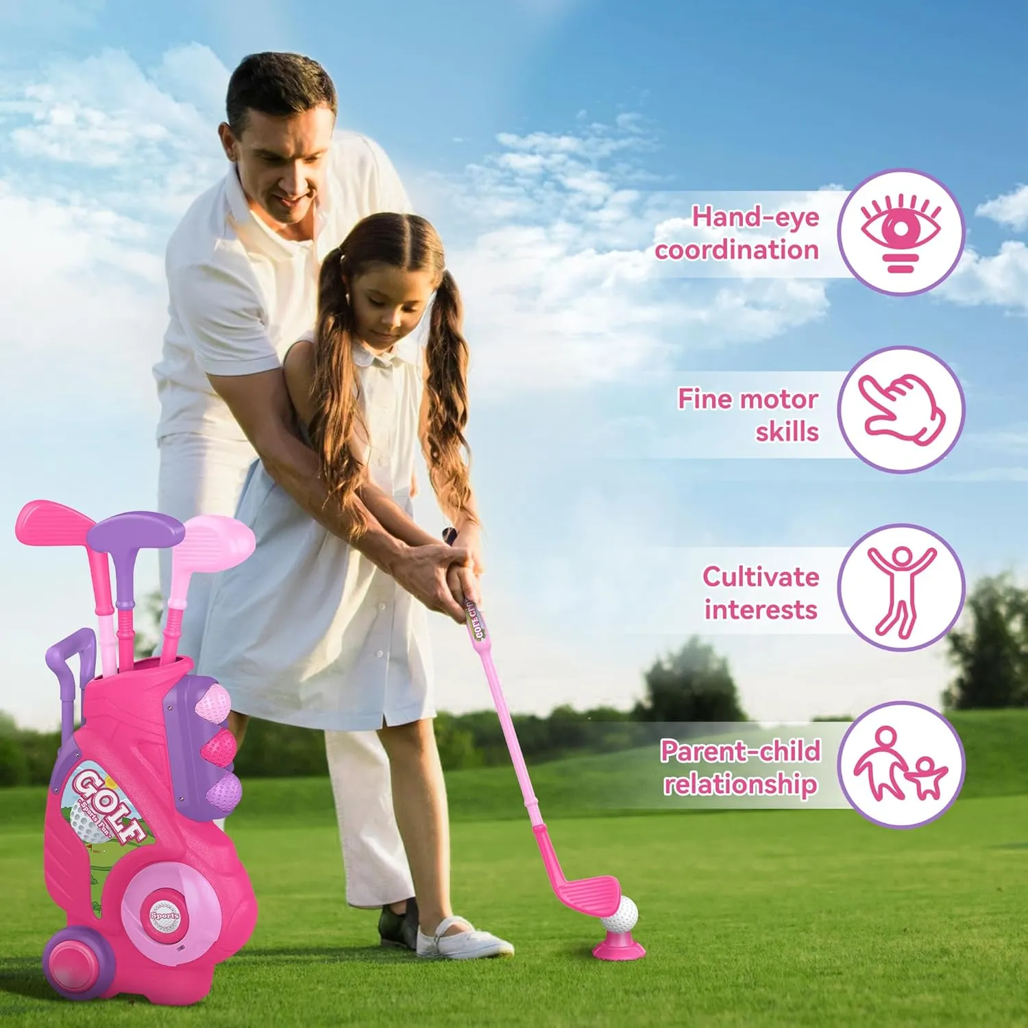 Liberry Toddler Golf Set for 1 2 3 4 5 Years Old, Upgraded Kids Golf Cart with Unique Shoulder Strap Design, Indoor and Outdoor Golf Toys for Boys Girls (Pink)