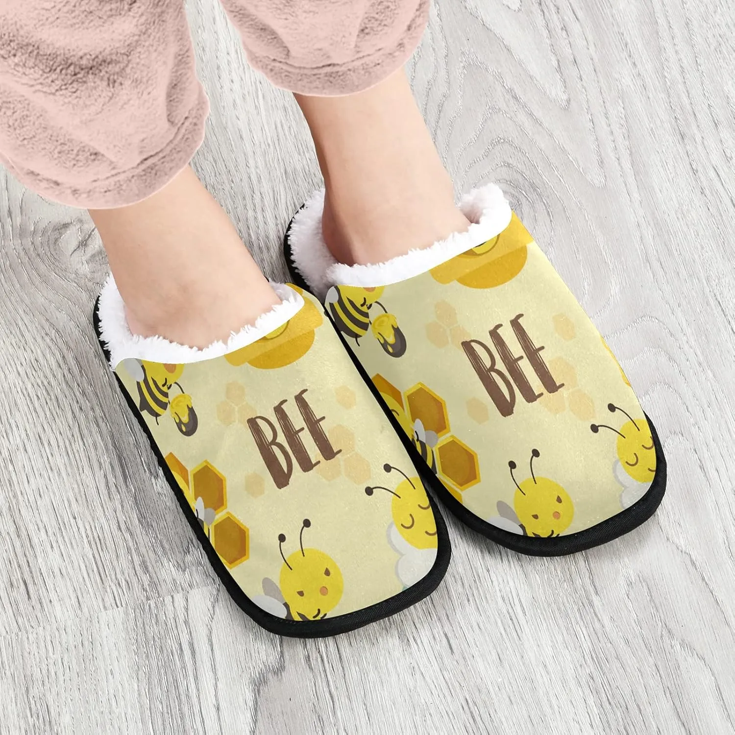 linqin Cute Bee With Beehive Flower Womens Mens Fuzzy Slippers for Home Bedroom Travel, Soft Warm Comfy Anti-skid House Slippers for Indoor Outdoor