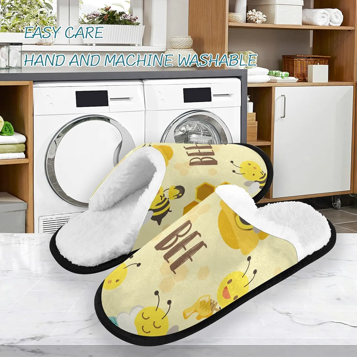 linqin Cute Bee With Beehive Flower Womens Mens Fuzzy Slippers for Home Bedroom Travel, Soft Warm Comfy Anti-skid House Slippers for Indoor Outdoor