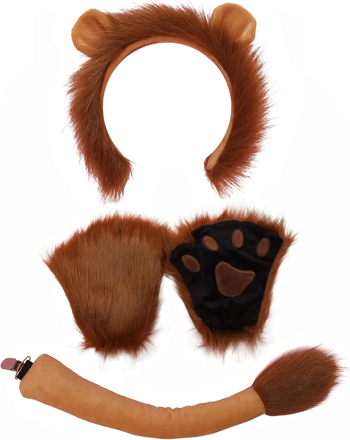 Lion Ears Headband Tail and Paws Set Brown Halloween Animal Cosplay Costume Accessories for Kids Adult