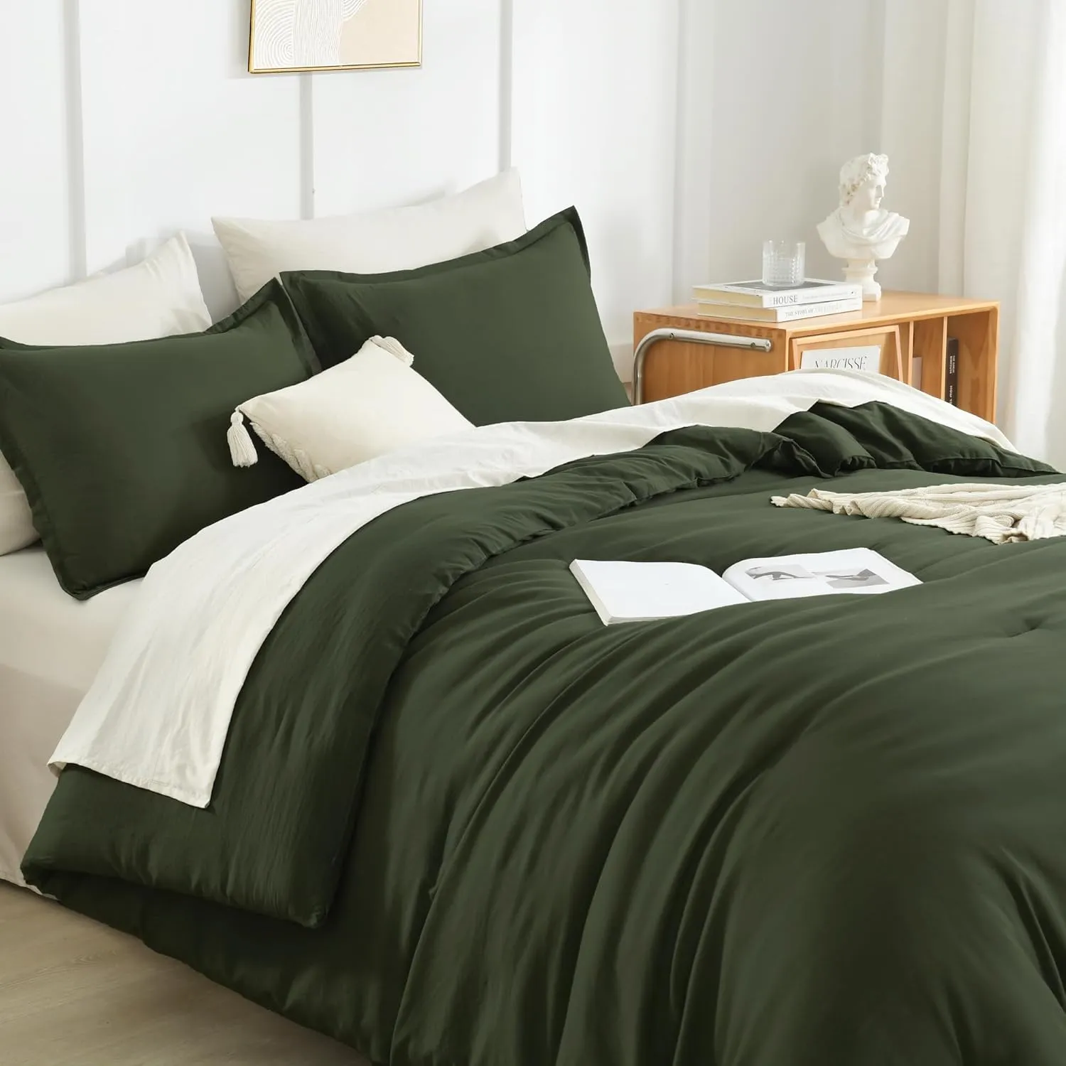 Litanika Dark Olive Green Comforter Set King, 3 Pieces Solid Bedding Comforter Set, All Season Fluffy Bed Set (104x90In Comforter & 2 Pillowcases)