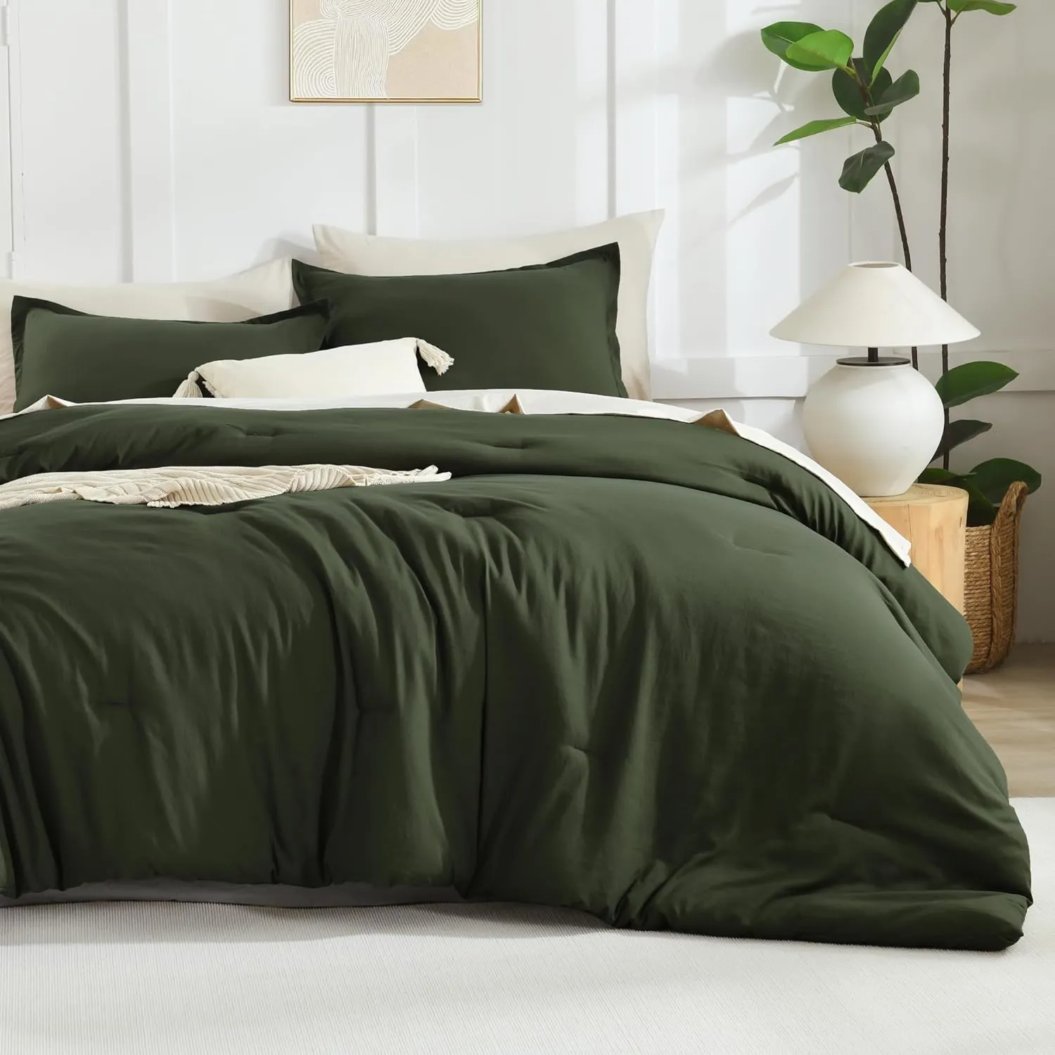 Litanika Dark Olive Green Comforter Set King, 3 Pieces Solid Bedding Comforter Set, All Season Fluffy Bed Set (104x90In Comforter & 2 Pillowcases)