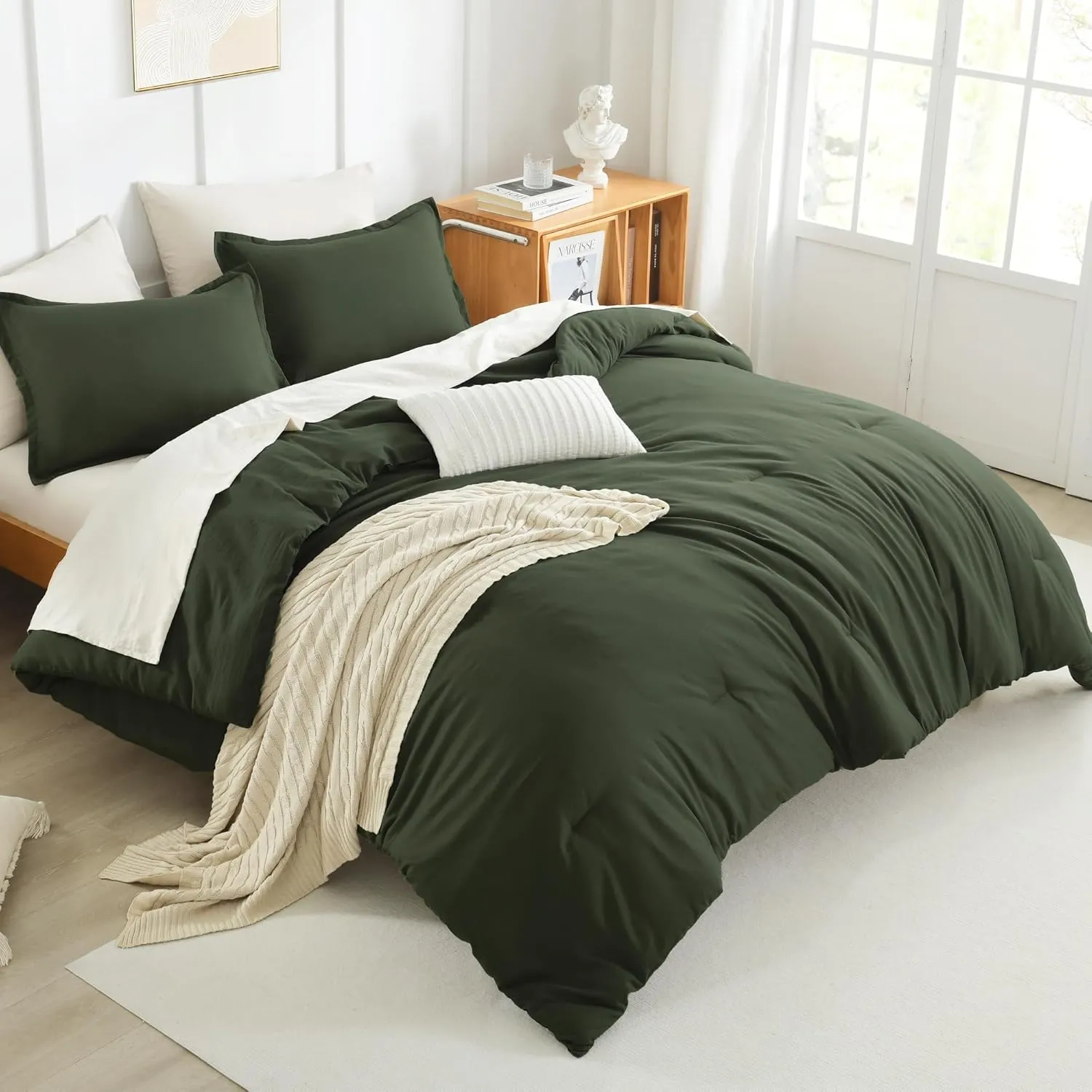 Litanika Dark Olive Green Comforter Set King, 3 Pieces Solid Bedding Comforter Set, All Season Fluffy Bed Set (104x90In Comforter & 2 Pillowcases)