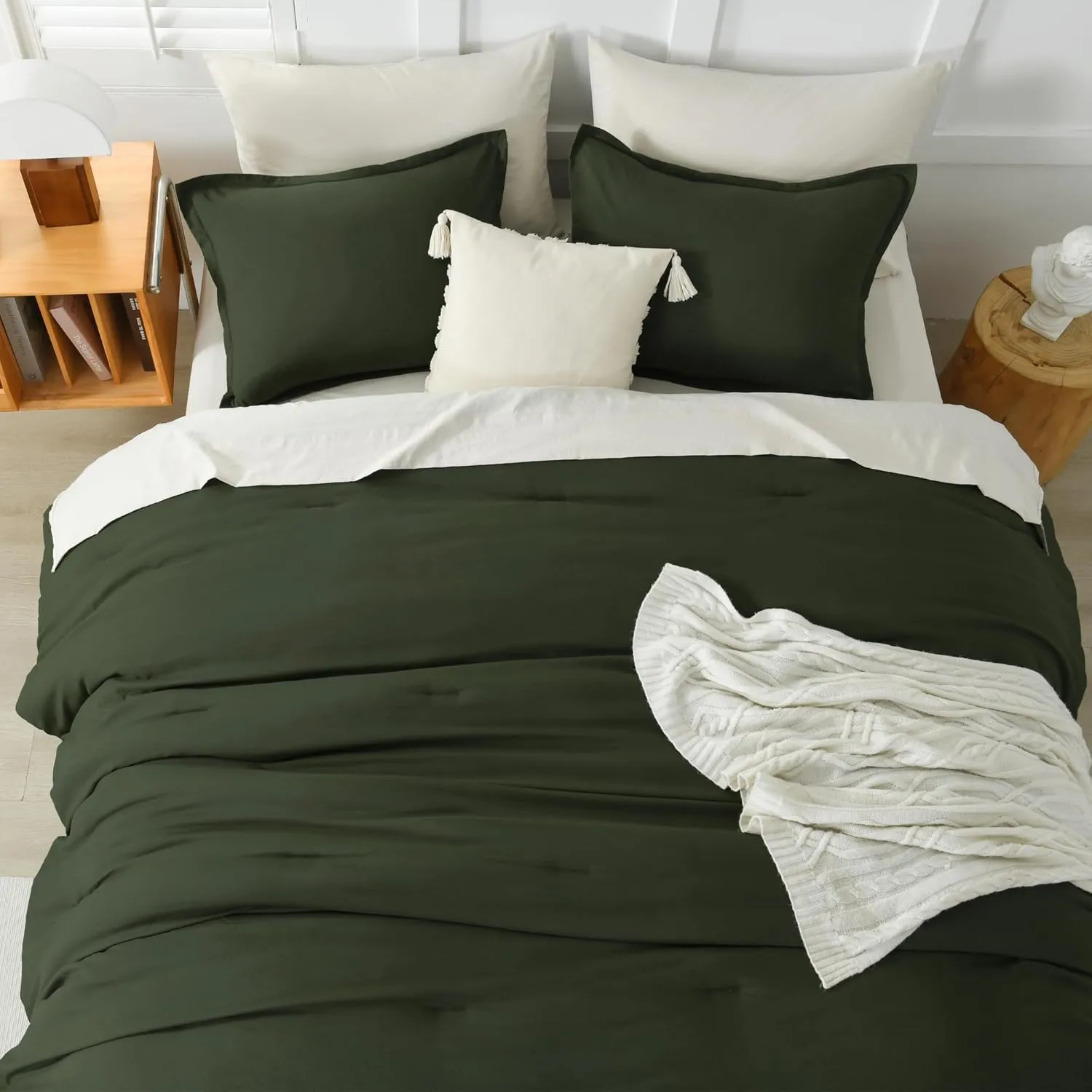 Litanika Dark Olive Green Comforter Set King, 3 Pieces Solid Bedding Comforter Set, All Season Fluffy Bed Set (104x90In Comforter & 2 Pillowcases)