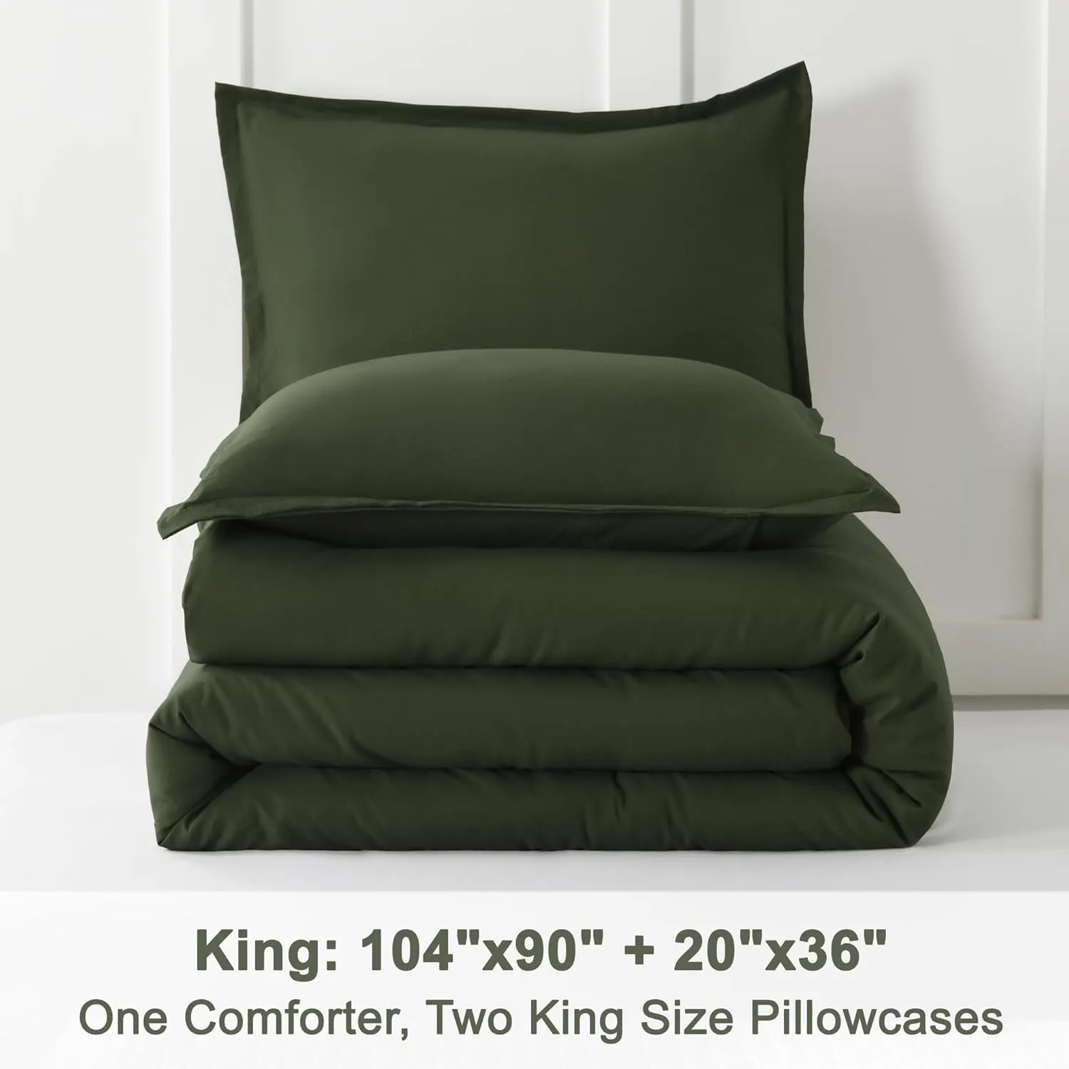 Litanika Dark Olive Green Comforter Set King, 3 Pieces Solid Bedding Comforter Set, All Season Fluffy Bed Set (104x90In Comforter & 2 Pillowcases)