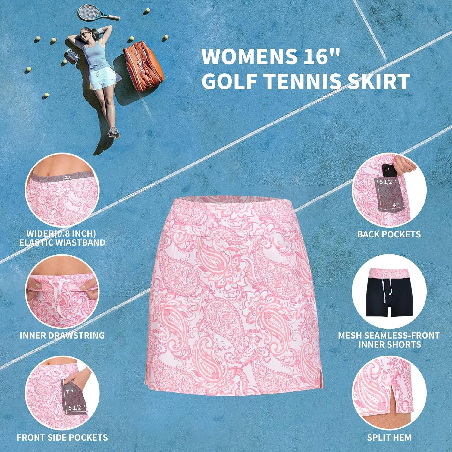 M MOTEEPI 16" Golf Skirt for Women Tennis Skirt with 4 Pockets High Waisted Athletic Skorts Skirts